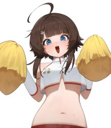 Rule 34 | 1girl, absurdres, ahoge, blue eyes, blush, brown hair, cheerleader, counter:side, crop top, flasso, gloves, hair ornament, hairclip, highres, long hair, looking at viewer, navel, open mouth, pom pom (cheerleading), shirt, simple background, solo, stomach, white background, white gloves, white shirt, yang harim
