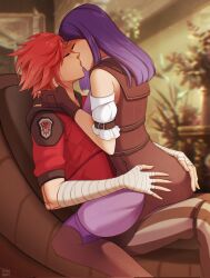 2girls arcane_caitlyn arcane_vi bandaged_arm bandages brown_footwear brown_gloves brown_pants caitlyn_(league_of_legends) fingerless_gloves from_side gloves highres jacket kiss league_of_legends long_hair multiple_girls pants pink_pants plant potted_plant profile purple_hair red_hair red_jacket short_hair short_sleeves striped_clothes striped_pants vi_(league_of_legends) yellow_nicky yuri