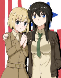 Rule 34 | 2girls, absurdres, arm around shoulder, black hair, blonde hair, blue eyes, blush, breasts, dominica s. gentile, flag, hand in pocket, highres, hiroshi (hunter-of-kct), jacket, jane t. godfrey, large breasts, light smile, long hair, looking at viewer, military, military uniform, multiple girls, necktie, short hair, sketch, strike witches, strike witches: kurenai no majo-tachi, uniform, world witches series