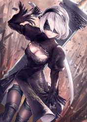 Rule 34 | 1girl, arm at side, arm up, black dress, black gloves, black hairband, black ribbon, black thighhighs, blindfold, boots, breasts, broadsword, brown thighhighs, chain, cleavage, cleavage cutout, clothing cutout, covered eyes, cowboy shot, dress, feather-trimmed sleeves, feather trim, gloves, greatsword, groin, hair over eyes, hairband, highres, holding, holding sword, holding weapon, huge weapon, juliet sleeves, katana, legs apart, leotard, long sleeves, medium breasts, nier:automata, nier (series), no mole, parted lips, pink lips, puffy sleeves, ribbed dress, ribbon, short dress, short hair, side slit, silver hair, smile (qd4nsvik), solo, sword, teeth, thigh boots, thighhighs, vambraces, weapon, weapon on back, white leotard, wind, wind lift, 2b (nier:automata)