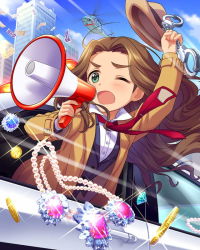 Rule 34 | 10s, 1girl, aircraft, artist request, brown hair, building, car, coin, cuffs, diamond (gemstone), green eyes, handcuffs, hat, helicopter, idolmaster, idolmaster cinderella girls, jewelry, kusakabe wakaba, long hair, megaphone, money, motor vehicle, necklace, necktie, one eye closed, police car, red necktie, solo, very long hair