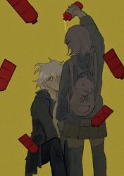 Rule 34 | 1boy, 1girl, animal bag, backpack, bag, black pants, bottle, brown skirt, cat bag, commentary, danganronpa (series), danganronpa 2: goodbye despair, feet out of frame, from behind, gasoline, green jacket, grey eyes, grey hair, hair ornament, highres, holding, holding bottle, hood, hood down, hooded jacket, jacket, komaeda nagito, looking at another, lying, nanami chiaki, on back, open clothes, open jacket, orange background, pants, pleated skirt, pouring, sema (vivaviva 02), shirt, sitting, skirt, smile, standing, symbol-only commentary, thighhighs, yellow background, zettai ryouiki