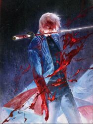 1boy absurdres blood blood_on_clothes blood_on_face blood_splatter bloody_weapon blue_coat blue_eyes coat devil_may_cry devil_may_cry_(series) devil_may_cry_3 highres holding holding_sword holding_weapon injury katana looking_at_viewer male_focus mouth_hold shouxianwu135 solo sword torn_clothes vergil_(devil_may_cry) weapon weapon_in_mouth white_hair yamato_(sword)