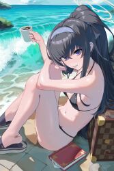 Rule 34 | 1girl, absurdres, bags under eyes, bandaid, bandaid on foot, bare arms, bare legs, bare shoulders, beach, bikini, black bikini, black hair, blue archive, blue sky, blush, book, breasts, cup, day, feet, flip-flops, hair between eyes, hairband, halo, highres, kimkichun, knees up, legs, long hair, looking at viewer, mug, navel, o-ring, o-ring bottom, o-ring top, official alternate costume, outdoors, ponytail, purple eyes, purple hairband, sand, sandals, sitting, sky, small breasts, smile, solo, string bikini, suitcase, swimsuit, ui (blue archive), ui (swimsuit) (blue archive), very long hair, water, wet