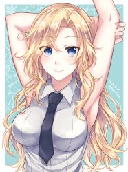 Rule 34 | 1girl, armpits, blonde hair, blue eyes, breasts, closed mouth, collared shirt, dated, hornet (kancolle), kabocha torute, kantai collection, large breasts, long hair, looking at viewer, shirt, sleeveless, sleeveless shirt, smile, solo, twitter username, upper body, white shirt