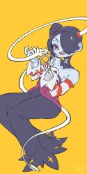 Rule 34 | 1girl, absurdres, blue hair, blue skin, collarbone, colored skin, detached collar, detached sleeves, dress, full body, hair over one eye, highres, leviathan (skullgirls), open mouth, red eyes, side ponytail, sitting, skeletal arm, skullgirls, smile, solo, squigly (skullgirls), stitched mouth, stitches, striped sleeves, tunacan olive, yellow background, zombie
