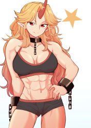 Rule 34 | 1girl, abs, absurdres, bike shorts, black sports bra, blonde hair, breasts, chain, cleavage, commentary request, cowboy shot, cuffs, fugaku (miko no miyatsuguchi), gradient background, hand on own hip, highres, horns, hoshiguma yuugi, large breasts, long hair, looking at viewer, muscular, muscular female, navel, pointy ears, red eyes, shackles, simple background, single horn, smile, solo, sports bra, star (symbol), stomach, toned, touhou