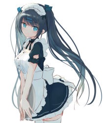 Rule 34 | 1girl, apron, aqua eyes, black dress, black hair, blue eyes, blush, breasts, buttons, cleavage, closed mouth, cowboy shot, dress, floating hair, frilled apron, frills, hair between eyes, highres, humuyun, long hair, looking at viewer, maid, maid apron, maid headdress, medium breasts, neck ribbon, original, puffy short sleeves, puffy sleeves, ribbon, short sleeves, simple background, smile, solo, striped, thighhighs, tray, twintails, vertical stripes, very long hair, white apron, white background, white thighhighs