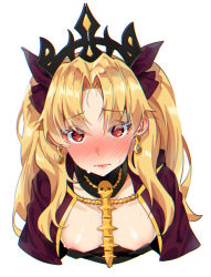 Rule 34 | 1girl, agnamore, areola slip, black dress, blonde hair, blush, breasts, brown cape, brown ribbon, cape, closed mouth, commentary request, cropped torso, downblouse, dress, ereshkigal (fate), fate/grand order, fate (series), hair between eyes, hair ribbon, highres, hood, hood down, hooded cape, long hair, looking at viewer, nose blush, parted bangs, red eyes, ribbon, simple background, skull, small breasts, solo, spine, tiara, two side up, upper body, wavy mouth, white background