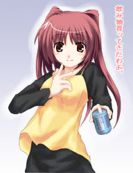 Rule 34 | 00s, 1girl, :q, black shirt, brown eyes, can, drink can, grey background, hair intakes, holding, kousaka tamaki, long hair, long sleeves, mizoguchi keiji, red hair, shirt, simple background, soda can, solo, to heart (series), to heart 2, tongue, tongue out, upper body, very long hair