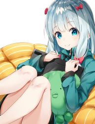 Rule 34 | 1girl, blue eyes, bow, closed mouth, commentary request, eromanga sensei, green jacket, hair bow, highres, izumi sagiri, jacket, kurokuro illust, legs, long hair, long sleeves, looking at viewer, low-tied long hair, pink bow, silver hair, simple background, smile, solo, stuffed animal, stuffed octopus, stuffed toy, tablet pc, white background
