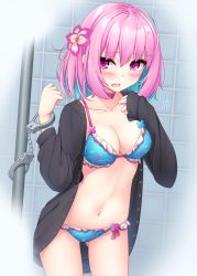Rule 34 | 1girl, ahoge, bikini, bikini under clothes, black shirt, blue bikini, blush, breasts, choker, cleavage, collarbone, cowboy shot, cuffs, eyes visible through hair, fang, flower, frilled bikini, frills, gluteal fold, hair between eyes, hair flower, hair intakes, hair ornament, handcuffs, hands up, highres, idolmaster, idolmaster cinderella girls, indoors, leaning to the side, legs apart, medium breasts, multicolored bikini, multicolored clothes, multicolored hair, navel, open clothes, open mouth, open shirt, pink choker, pink eyes, pink flower, pink hair, shirt, short hair, sidelocks, sleeves past wrists, solo, standing, steam, swimsuit, tearing up, tile wall, tiles, tongue, two-tone hair, yoye (pastel white), yumemi riamu