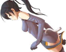 Rule 34 | 00s, 1girl, ass, blue gloves, blue thighhighs, blush, breasts, cowboy shot, dutch angle, elbow gloves, from side, gloves, hair between eyes, hair ribbon, harak, high ponytail, ichijou eika, leotard, looking at viewer, motionslit, pilot suit, ponytail, profile, red eyes, ribbon, simple background, sky girls, solo, thighhighs, white background