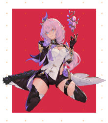 Rule 34 | 1girl, black footwear, black gloves, blue eyes, boots, border, breasts, cleavage, elysia (honkai impact), elysia (miss pink elf) (honkai impact), floating, full body, gem, gloves, grin, hair between eyes, hair ornament, honkai (series), honkai impact 3rd, kneeling, long hair, looking at viewer, open mouth, pink hair, pointy ears, red background, smile, solo, teeth, thigh boots, thighhighs, xleontan