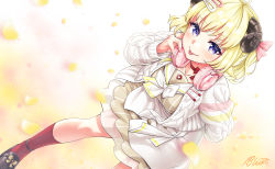 Rule 34 | 1girl, :p, absurdres, ahoge, animal ears, aran sweater, arms behind back, blonde hair, blush, bow, bowtie, breasts, buru-dai, cable knit, choker, collarbone, dress, dutch angle, feet out of frame, hair ornament, hairclip, headphones, headphones around neck, highres, holding, holding headphones, hololive, horns, large breasts, leaning forward, mary janes, miniskirt, overskirt, pinstripe dress, pinstripe pattern, purple eyes, red choker, red socks, ribbon choker, sailor collar, sailor dress, sheep ears, sheep girl, sheep horns, shoes, short dress, short hair, short sleeves, side ponytail, skirt, socks, solo, striped, sweater, tongue, tongue out, tsunomaki watame, tsunomaki watame (street casual), virtual youtuber, white skirt, white sweater