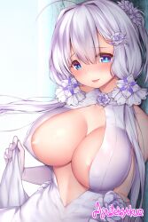 Rule 34 | 1girl, ahoge, areola slip, ayuteisyoku, azur lane, blue eyes, blush, breasts, cleavage, clothes lift, covered erect nipples, dress, dress lift, elbow gloves, gloves, hair ornament, hair ribbon, high side ponytail, illustrious (azur lane), illustrious (morning star of love and hope) (azur lane), large breasts, long hair, looking at viewer, mole, mole under eye, official alternate costume, open mouth, ribbon, side ponytail, sidelocks, smile, solo, tress ribbon, twitter username, wedding dress, white dress, white gloves, white hair