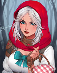 Rule 34 | 1girl, aqua bow, aqua eyes, artist name, ashe (overwatch), basket, blush, bodice, bow, breasts, capelet, cleavage, cloak, eyelashes, eyeliner, fingerless gloves, fingernails, forest, gloves, highres, holding, holding basket, hood, hood up, hooded capelet, hooded cloak, leather, leather gloves, lipstick, little red ashe, looking at viewer, makeup, medium breasts, medium hair, messy hair, mole, mole above mouth, monochrome background, nail polish, nature, official alternate costume, overwatch, overwatch 1, picnic basket, portrait, puffy short sleeves, puffy sleeves, red capelet, red cloak, red hood, red lips, red nails, rezoeline, scar, scar across eye, scar on face, shirt, short sleeves, shoulder pads, signature, silhouette, silver hair, smile, solo, wavy hair, white shirt
