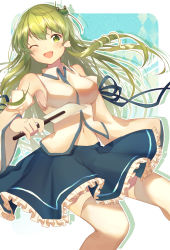 Rule 34 | 1girl, absurdres, armpits, blue skirt, commentary request, cowboy shot, detached sleeves, frilled skirt, frills, frog hair ornament, gohei, green eyes, green hair, hair ornament, highres, kochiya sanae, long hair, looking at viewer, midriff peek, nenobi (nenorium), one eye closed, open mouth, skirt, snake hair ornament, solo, thighhighs, touhou, white thighhighs