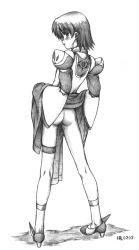 Rule 34 | 1girl, ass, blush, bridal garter, clothes lift, flat ass, fomarl, from behind, full body, graphite (medium), greyscale, harumachi nagaaki, kneepits, lifted by self, looking at viewer, looking back, monochrome, no panties, phantasy star, phantasy star online, pigeon-toed, presenting, pussy juice, pussy juice trail, shoes, short hair, simple background, skirt, skirt lift, solo, standing, traditional media, white background