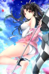 Rule 34 | 1girl, ankle ribbon, armlet, ass, bare shoulders, barefoot, black hair, blue sky, blush, breasts, bridal garter, checkered flag, cloud, crown, day, earrings, fate/grand order, fate (series), feet, flag, floating hair, fur-trimmed jacket, fur trim, glint, hair ribbon, highres, hoop earrings, ishtar (fate), jacket, jewelry, leg ribbon, leotard, long hair, looking at viewer, medium breasts, off shoulder, open clothes, open jacket, outdoors, parted bangs, pink jacket, red eyes, rei kun, ribbon, single thighhigh, sky, smile, soles, solo, thighhighs, toes, tohsaka rin, two side up, white leotard