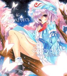 Rule 34 | 1girl, artist name, bad id, bad pixiv id, bug, butterfly, cell1913, cherry blossoms, female focus, hand fan, hat, insect, japanese clothes, marker (medium), petals, pink hair, ribbon, saigyouji yuyuko, sample watermark, short hair, sitting, solo, touhou, traditional media, triangular headpiece, watermark