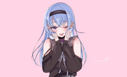 Rule 34 | 1girl, ;d, absurdres, black hairband, black jacket, blue hair, blush, dated, fingernails, hairband, hands on own cheeks, hands on own face, highres, idolmaster, idolmaster shiny colors, jacket, long hair, long sleeves, looking at viewer, nail polish, one eye closed, open mouth, pink background, purple eyes, rutomiartdayo, signature, simple background, smile, solo, straight hair, suzuki hana, teeth, upper body, upper teeth only, very long hair
