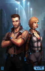 Rule 34 | 1boy, 1girl, beard, belt, black belt, black legwear, black pants, blonde hair, breasts, brown hair, brown jacket, brown legwear, building, case, choker, cigarette, cleavage, commentary, crossed arms, english text, facial hair, federation (star conflict), glowing, hand on own hip, holding, holding case, jacket, jewelry, kypcaht, large breasts, logo, looking at viewer, necklace, night, night sky, outdoors, pants, planet, science fiction, short hair, short sleeves, sky, smoke, smoking, standing, star (sky), star conflict, starry sky, tattoo, white legwear, white pants