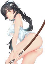 Rule 34 | 1girl, ass, azur lane, black hair, blush, bow, breasts, brown eyes, closed mouth, clothing cutout, flower, hair bow, hair flower, hair ornament, holding, holding weapon, large breasts, lips, long hair, looking at viewer, one-piece swimsuit, ponytail, satou pikuta, simple background, solo, swimsuit, sword, takao (azur lane), takao (beach rhapsody) (azur lane), thighs, underboob cutout, very long hair, weapon, white background, white one-piece swimsuit