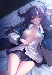 Rule 34 | 1girl, arm up, blue archive, blush, breasts, breasts apart, collared shirt, dress shirt, from above, hair ornament, halo, highres, jacket, long hair, long sleeves, lying, medium breasts, miniskirt, no bra, on back, on bed, open clothes, open jacket, open shirt, parted lips, partially unbuttoned, puffy long sleeves, puffy sleeves, purple eyes, purple hair, shirt, skirt, solo, takashima shoa, two side up, white shirt, yuuka (blue archive)