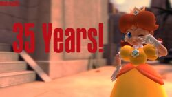 Rule 34 | 1girl, anniversary, breasts, brooch, brown hair, crown, dress, grin, hand on own hip, highres, jewelry, mario (series), nintendo, one eye closed, orange dress, princess daisy, puffy short sleeves, puffy sleeves, short sleeves, smile, standing, super mario land, tomboy, wink
