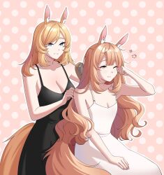 Rule 34 | 2girls, absurdres, animal ears, arknights, avi (baltika seven), bare shoulders, black dress, blemishine (arknights), blonde hair, blue eyes, blush, breasts, bright pupils, brushing another&#039;s hair, brushing hair, cleavage, dotted background, dress, highres, horse ears, horse girl, horse tail, long hair, medium breasts, multiple girls, rubbing eyes, simple background, sitting, squeans, sleeveless, sleeveless dress, small breasts, smile, spaghetti strap, tail, very long hair, whislash (arknights), white dress, white pupils, yellow eyes