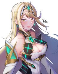 Rule 34 | 1girl, absurdres, blonde hair, breasts, cleavage, cleavage cutout, clothing cutout, dress, earrings, elbow gloves, gloves, highres, jewelry, large breasts, long hair, mythra (xenoblade), nokanaz, signature, sleeveless, sleeveless dress, white background, white dress, xenoblade chronicles (series), xenoblade chronicles 2, yellow eyes