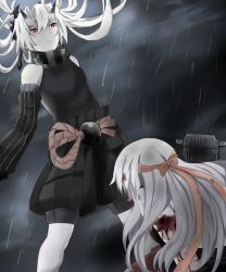 Rule 34 | 2girls, abyssal crane princess, abyssal ship, blood, blood in hair, detached sleeves, flight deck, hair between eyes, headband, highres, horns, injury, japanese clothes, kantai collection, long hair, multiple girls, rain, red eyes, rukialice, shoukaku (kancolle), twintails, white hair
