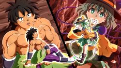 Rule 34 | :o, black eyes, black hair, black headwear, bow, broly (dragon ball super), brown footwear, crossover, dragon ball, dragon ball super, dragon ball super broly, scar on face, floral print, frilled sleeves, frills, green eyes, green hair, hat, hat bow, heart, heart of string, highres, komeiji koishi, looking at another, muscular, ohoho, open mouth, scar, scar on cheek, scar on face, topless male, sitting, third eye, touhou, vambraces, white footwear, wide sleeves