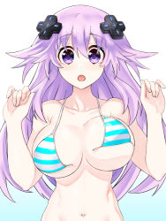 Rule 34 | 1girl, :o, adult neptune, bikini, blush, bouncing breasts, bra, breasts, breasts apart, commentary, d-pad, d-pad hair ornament, english commentary, groin, hair between eyes, hair ornament, hands up, highres, large breasts, long hair, looking at viewer, navel, neptune (series), purple eyes, purple hair, solo, staring, striped bikini, striped bra, striped clothes, surprised, swimsuit, torn bikini, torn bra, torn clothes, underboob, underwear, very long hair, wardrobe malfunction, zatsu