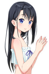 Rule 34 | 1girl, bare arms, bare shoulders, black hair, blue eyes, blue ribbon, blush, breasts, derivative work, from side, kimagure blue, lips, long hair, looking at viewer, looking to the side, original, own hands together, revision, ribbon, shiny skin, simple background, small breasts, smile, solo, strapless, tube top, underwear, underwear only, upper body, white background