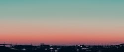 Rule 34 | absurdres, blue sky, city lights, cityscape, cloud, dusk, evening, gracile, gradient sky, highres, lamppost, no humans, orange sky, original, outdoors, overpass, scenery, sky