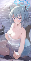 Rule 34 | 1girl, absurdres, animal ears, blue archive, blue halo, blush, breasts, cleavage, closed mouth, collarbone, green hair, halo, highres, large breasts, looking at viewer, medium hair, naked towel, onsen, partially submerged, purple eyes, scio 12, shigure (blue archive), shigure (hot spring) (blue archive), smile, solo, tail, towel, water, weasel ears, weasel tail, white towel