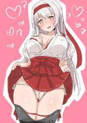 Rule 34 | 1girl, ?, @ @, blush, breasts, brown eyes, cameltoe, clothes lift, covered erect nipples, hakama, hakama skirt, headband, heart, highres, japanese clothes, junes, kantai collection, large breasts, long hair, off shoulder, outline, panties, parted lips, pink background, pussy juice, red hakama, red headband, shoukaku (kancolle), side-tie panties, simple background, skirt, skirt lift, solo, tasuki, underwear, very long hair, white hair, white panties