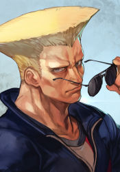 Rule 34 | 1boy, aviator sunglasses, blonde hair, blue eyes, blue jacket, capcom, closed mouth, unworn eyewear, flattop, glasses, guile, holding, holding removed eyewear, hungry clicker, jacket, looking at viewer, male focus, manly, muscular, shirt, simple background, solo, street fighter, street fighter v, sunglasses, white shirt