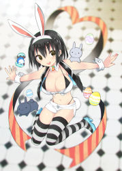 Rule 34 | 1girl, :d, animal, animal ears, bad hands, bad proportions, bare shoulders, bird, black bra, black hair, black panties, black vest, blue footwear, blurry, blurry background, blush, bra, breasts, brown eyes, cleavage, collar, collarbone, crop top, depth of field, detached collar, easter egg, egg, fake animal ears, fingernails, hair between eyes, hairband, heart, high heels, highleg, highleg panties, highres, kamiyoshi rika, large breasts, midriff, nail polish, navel, no nose, open mouth, original, outstretched arms, panties, pink nails, rabbit, rabbit ears, shirt, short shorts, shorts, smile, solo, spread arms, striped clothes, striped thighhighs, teeth, thighhighs, underwear, upper teeth only, vest, white collar, white hairband, white shirt, white shorts, wrist cuffs