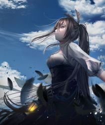 Rule 34 | 1girl, absurdres, belt, brown corset, brown eyes, brown hair, cloud, cloudy sky, corset, dagger, falling feathers, feather hair ornament, feathers, hair ornament, hairclip, highres, hololive, hololive english, knife, kyatto-mikazu, lantern, long hair, looking up, nanashi mumei, nanashi mumei (1st costume), paper, ponytail, shirt, sky, smile, solo, very long hair, virtual youtuber, weapon, white shirt, wind, wind lift