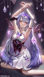 Rule 34 | 1girl, arm garter, armlet, armpits, arms up, black corset, chenchen, chest jewel, collar, collarbone, colored inner hair, corset, crown, detached collar, detached sleeves, dress, gem, highres, hololive, hololive english, jewel under eye, koseki bijou, koseki bijou (1st costume), long hair, multicolored hair, pink hair, pleated dress, purple eyes, purple gemstone, purple hair, single detached sleeve, sleeveless, sleeveless dress, solo, strapless, strapless dress, twitter username, underbust, very long hair, virtual youtuber, white collar, white sleeves
