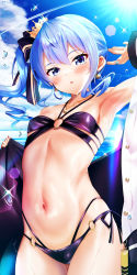 Rule 34 | 1girl, :o, armpits, beret, bikini, blue eyes, blue hair, blush, breasts, cleavage, clothes down, collarbone, crown hair ornament, earrings, hair ribbon, hat, highres, hololive, hoshimachi suisei, jewelry, legs, lens flare, long hair, looking at viewer, mizuno kurage, multi-strapped bikini bottom, narrow waist, navel, necklace, o-ring, o-ring bottom, o-ring top, ocean, open mouth, outdoors, ribbon, side ponytail, sidelocks, small breasts, solo, sparkle, summer, swimsuit, teeth, thighs, upper teeth only, virtual youtuber