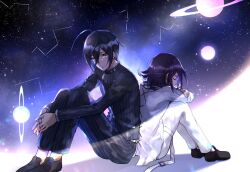Rule 34 | 2boys, ahoge, arm belt, arm on knee, back-to-back, belt, belt buckle, black footwear, black hair, black jacket, black pants, black scarf, buckle, buttons, checkered clothes, checkered scarf, closed eyes, closed mouth, collared jacket, commentary request, constellation, cross-laced jacket, crossed arms, danganronpa (series), danganronpa v3: killing harmony, double-breasted, eyelashes, full body, hair between eyes, hugging own legs, interlocked fingers, jacket, layered sleeves, lens flare, light smile, long sleeves, looking at viewer, loose hair strand, multiple belts, multiple boys, oma kokichi, own hands together, pants, pinstripe jacket, pinstripe pants, pinstripe pattern, planet, planetary ring, pocket, purple hair, saihara shuichi, scarf, shadow, shoes, short hair, sitting, space, thigh belt, thigh strap, tiyi (tiyi a09), torn clothes, torn jacket, two-tone scarf, white belt, white jacket, white pants, white scarf, white undershirt, yellow eyes