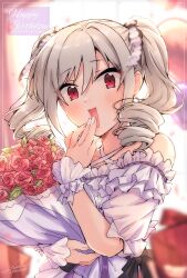 Rule 34 | 1girl, absurdres, bare shoulders, blush, bouquet, commentary request, dress, drill hair, flower, grey hair, happy birthday, highres, holding, holding bouquet, idolmaster, idolmaster cinderella girls, kameno223, kanzaki ranko, open mouth, red eyes, smile, solo, twin drills, upper body, wrist cuffs