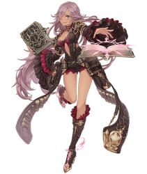 Rule 34 | 1girl, ammunition, blue eyes, book, boots, choker, cinderella (sinoalice), clothing cutout, dark-skinned female, dark skin, floating book, floating object, frills, full body, grin, hair over one eye, jino, long hair, looking at viewer, navel cutout, official art, purple hair, sinoalice, smile, solo, standing, standing on one leg, transparent background, wide sleeves