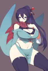 Rule 34 | 1girl, bad id, bad twitter id, bare shoulders, breasts, character request, cleavage, cleavage cutout, clothing cutout, curvy, hair ornament, huge breasts, k (li), long hair, looking at viewer, midriff, navel, ponytail, purple eyes, purple hair, scarf, solo, standing, thick thighs, thighhighs, thighs, wide hips