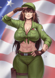 Rule 34 | 1girl, abs, absurdres, american flag, baseball cap, belt, blouse, breasts, brown gloves, brown hair, cleavage, commentary, curvy, english commentary, facing viewer, fingerless gloves, front-tie top, gloves, green eyes, green hat, green pants, green shirt, hand on own hip, hat, highres, large breasts, lips, long hair, looking at viewer, messy hair, midriff, military, military uniform, multiple scars, muscular, muscular female, narrow waist, navel, original, pants, pouch, salute, scar, scar across eye, scar on arm, scar on breasts, scar on face, shirt, sleeves pushed up, smile, solo, speedl00ver, standing, thick thighs, thigh pouch, thighs, uniform