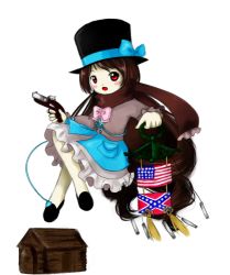 Rule 34 | 1girl, abraham lincoln, american civil war, american flag, blush stickers, bow, bowtie, break-action pistol, brown dress, brown hair, confederate flag, curly hair, derringer, double-barreled pistol, dress, flandre495, full body, gun, handgun, hat, hat ribbon, log cabin, long hair, lowres, multiple-barrel firearm, open mouth, original, over-and-under-barreled pistol, parody, pistol, pocket pistol, red eyes, ribbon, style parody, top hat, transparent background, weapon, wind chime, zun (style)